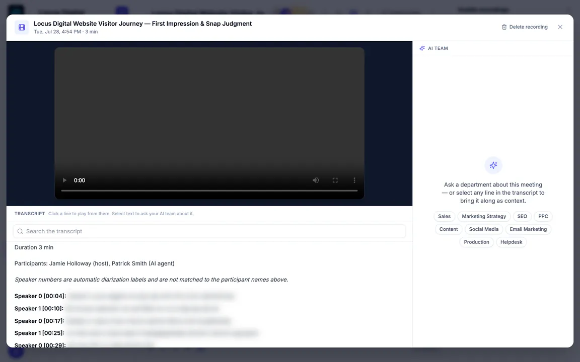 The recording window for a 3-minute huddle on Tue, Jul 28 in Locus Digital: the video player (shown idle, with no picture), the transcript with its search box, 'Duration 3 min', 'Participants: Jamie Holloway (host), Patrick Smith (AI agent)' and timed speaker lines with the words blurred, and the AI team panel with Sales, Marketing Strategy, SEO, PPC, Content, Social Media, Email Marketing, Production and Helpdesk.
