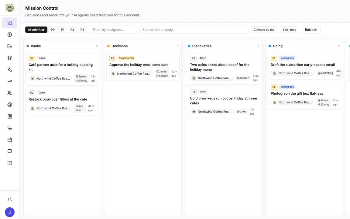 Hiveku Mission Control board with Intake, Decisions, Discoveries, Doing and Done lanes; a P1 card 'Approve the holiday email send date' waits for a decision.