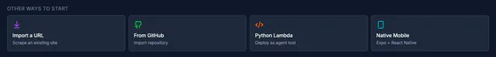 Other ways to start: Import a URL, From GitHub, Python Lambda and Native Mobile (Expo and React Native).