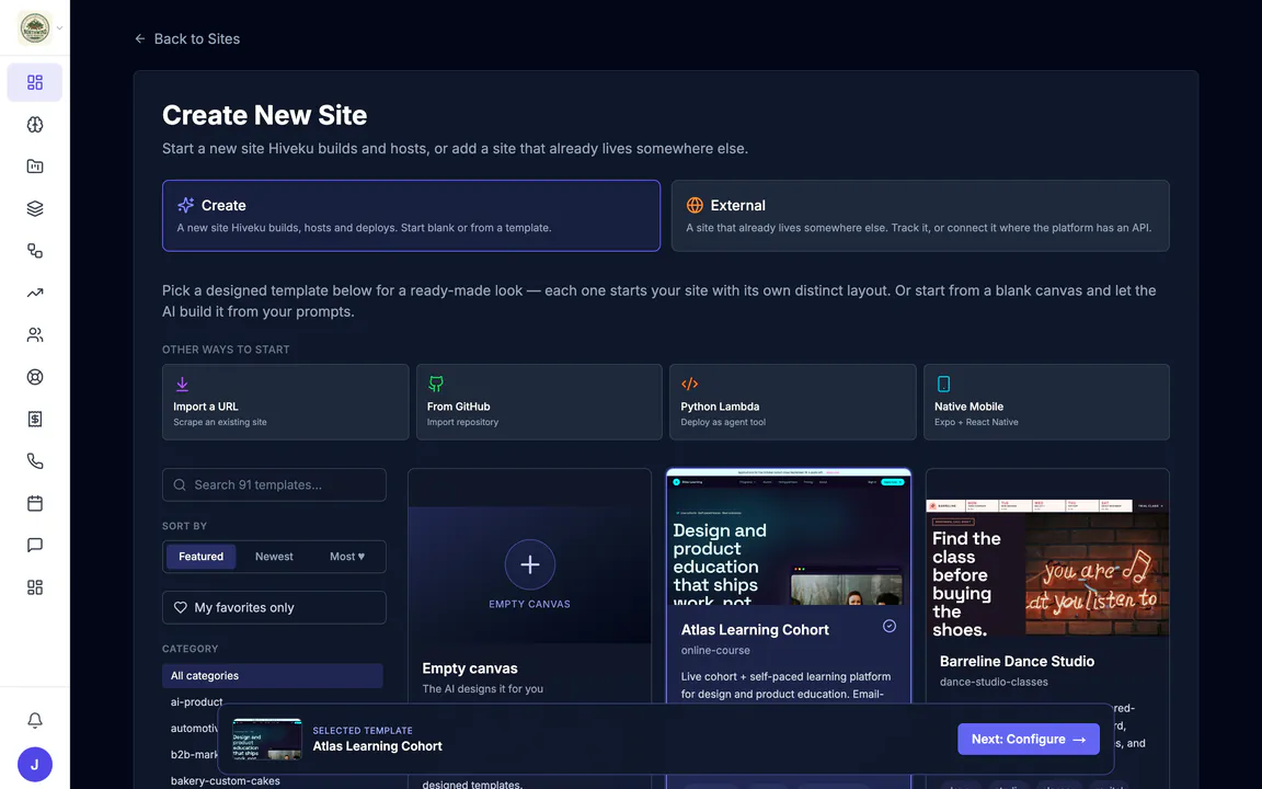 Hiveku Create New Site page: Create or External at the top, other ways to start (Import a URL, From GitHub, Python Lambda, Native Mobile), and the template gallery below.