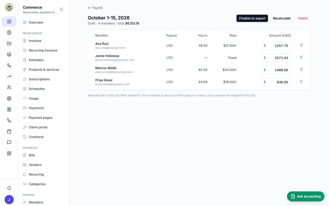 Hiveku payroll run for October 1-15, 2026, in draft: each person's payout currency, hours, rate and amount, with Finalize to export.