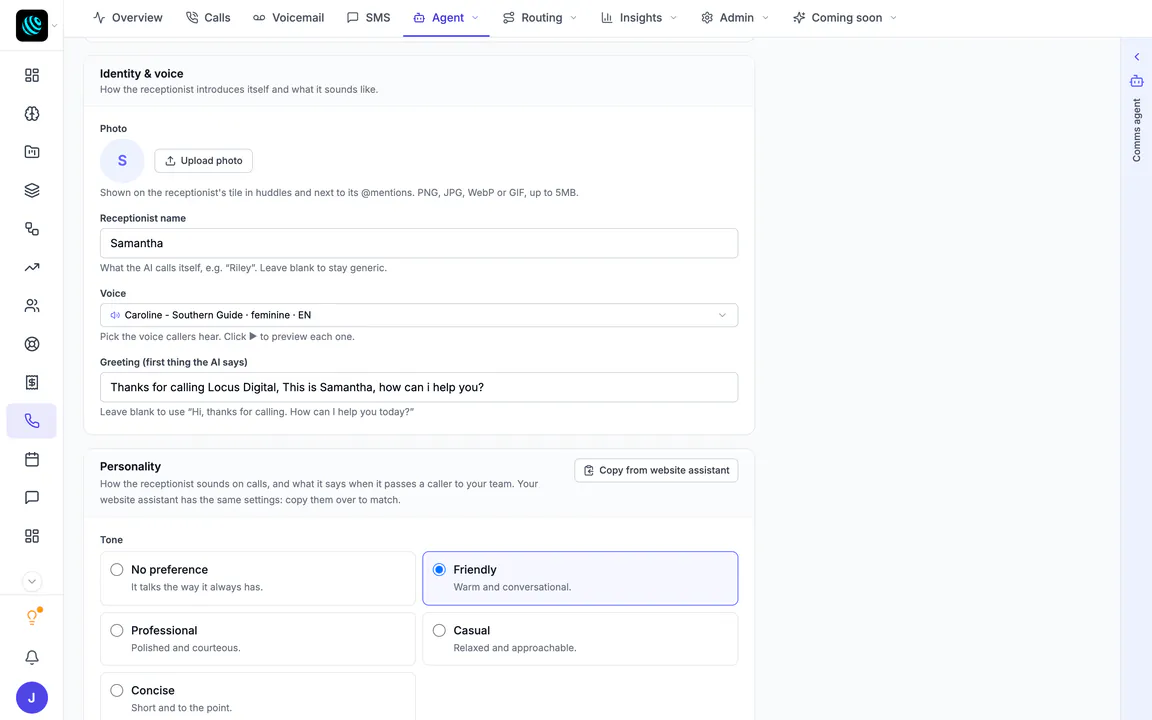 Hiveku AI receptionist settings for Locus Digital: Identity & voice (the receptionist's name Samantha, the voice Caroline - Southern Guide, and the greeting 'Thanks for calling Locus Digital, This is Samantha, how can i help you?') and Personality, with the tone set to Friendly.
