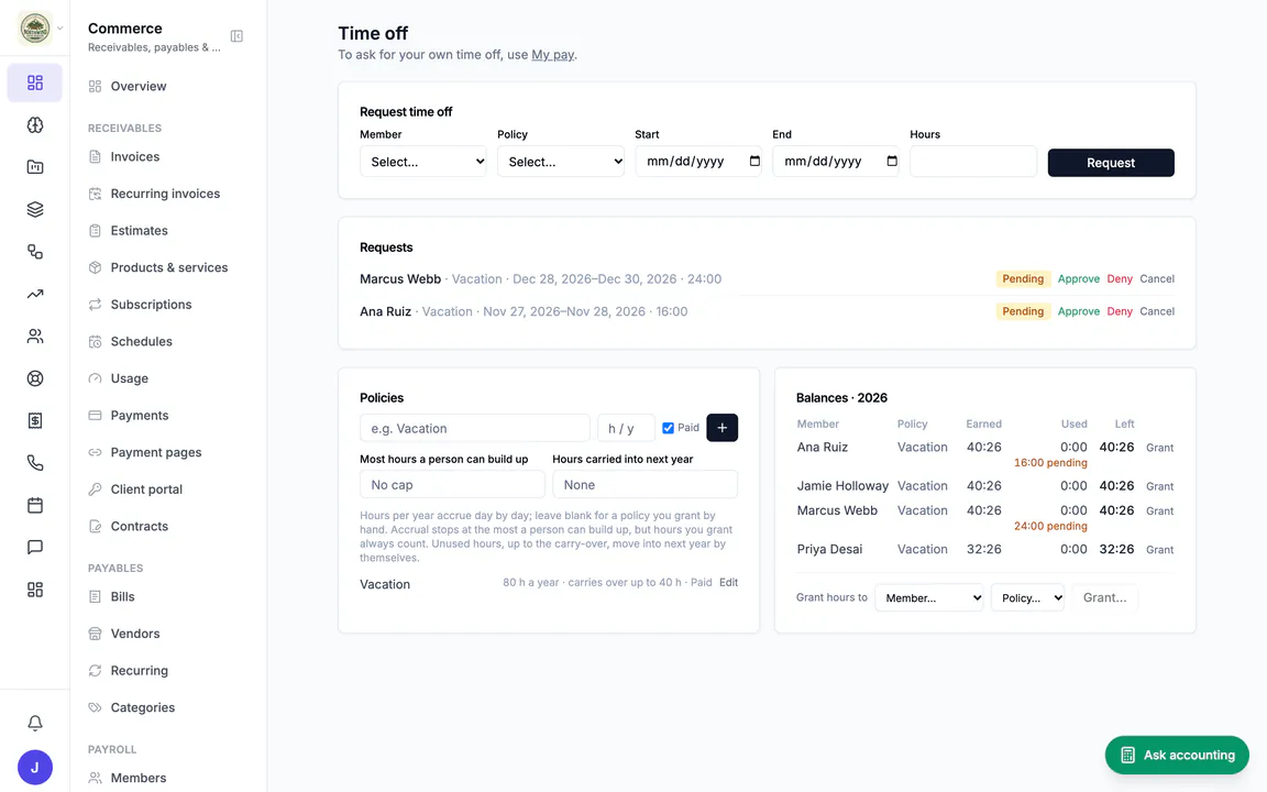 Hiveku Time off page: two vacation requests waiting for approval, the Vacation policy, and 2026 balances for Northwind's team.