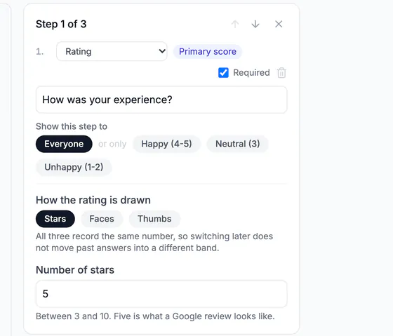 Step 1 settings: rating question, show to everyone or only happy, neutral or unhappy raters, stars, faces or thumbs, and five stars.
