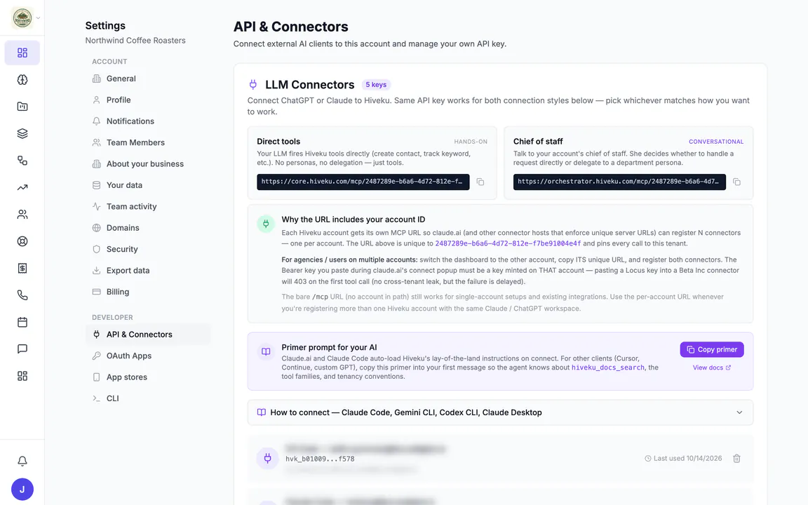 Hiveku API & Connectors settings: the connector addresses for direct tools and for the Chief of staff, a primer prompt, setup steps, and named API keys with masked values.
