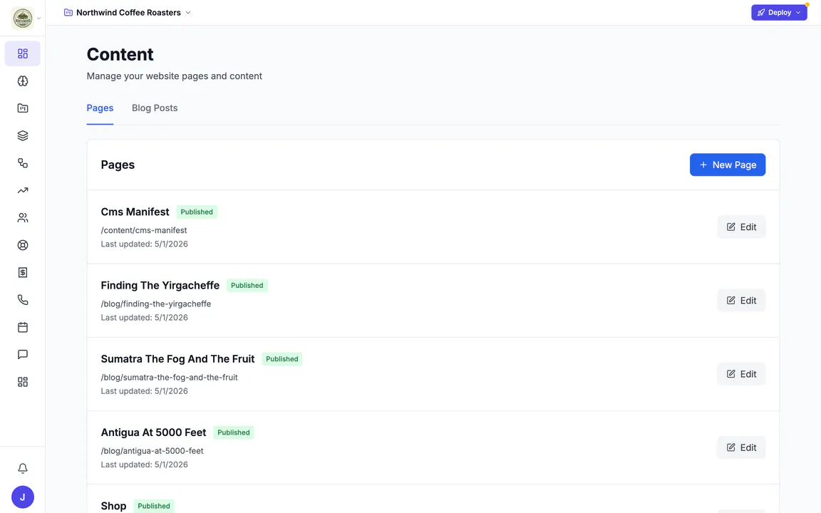 Hiveku site Content page for Northwind Coffee Roasters: a list of pages and blog posts, each marked Published, with its address, last update and an Edit button.