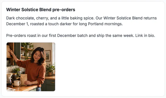 The post card: Winter Solstice Blend pre-orders, a two-paragraph caption and its picture.
