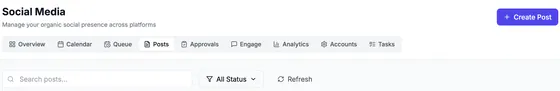 Social Media header with tabs for overview, calendar, queue, posts, approvals, engage, analytics, accounts and tasks, the Create Post button, search and the status filter.