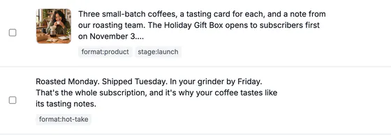 Two draft posts up close: Roasted Monday, shipped Tuesday (a subscription hot take) and a free pour-over class on Saturday, November 1.