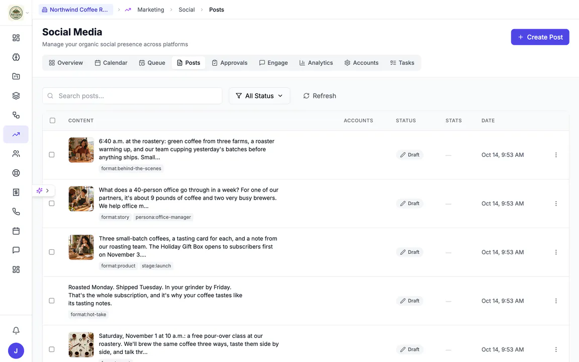 Hiveku social media posts for Northwind: draft posts about a morning at the roastery, office coffee, the Holiday Gift Box, the subscription and a free pour-over class, each with its picture, tags and status.