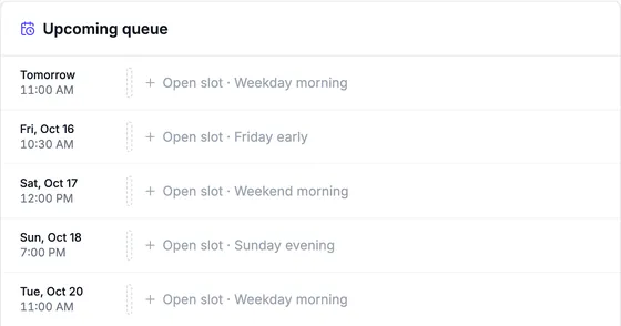Upcoming queue: open slots tomorrow at 11:00 AM, Friday October 16 at 10:30 AM, Saturday at 12:00 PM, Sunday at 7:00 PM and Tuesday October 20 at 11:00 AM.