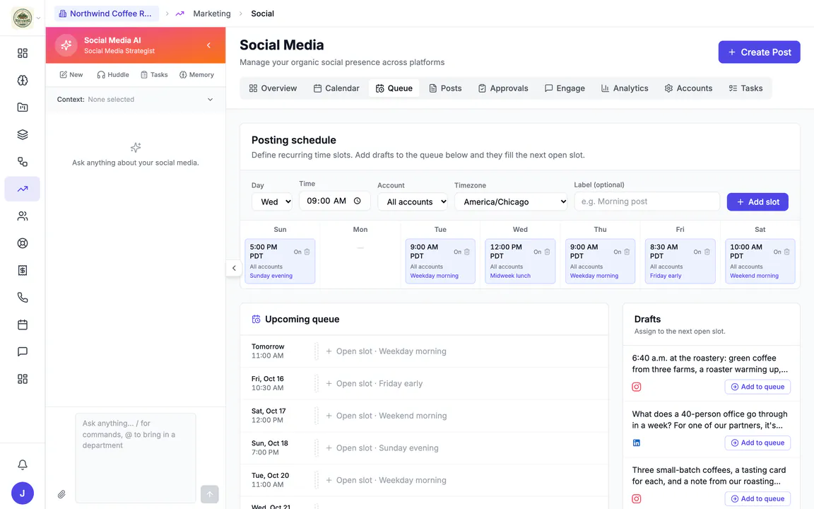 Hiveku social posting schedule: weekly slots on Sunday, Tuesday, Wednesday, Thursday, Friday and Saturday, an upcoming queue of open slots, and drafts with Add to queue, beside the Social Media AI strategist.