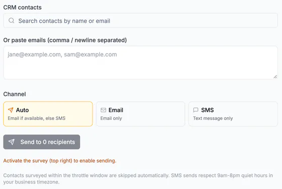 Send tab: pick CRM contacts or paste emails, choose Auto, Email or SMS, with sending enabled once the survey is active and quiet hours respected for SMS.