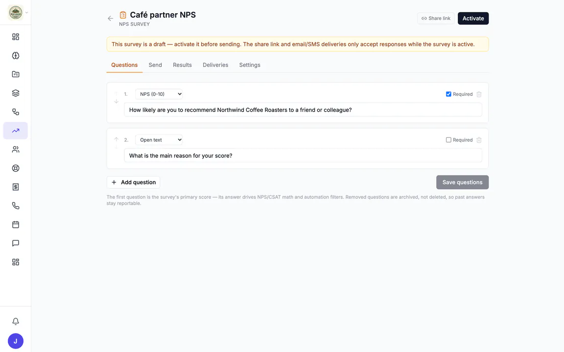 Hiveku survey "Café partner NPS": the NPS question "How likely are you to recommend Northwind Coffee Roasters to a friend or colleague?" and an open-text follow-up, with tabs for send, results, deliveries and settings.
