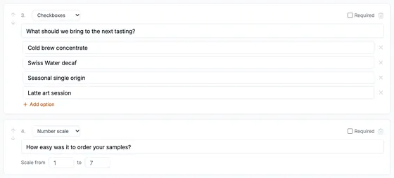Question 3, checkboxes: What should we bring to the next tasting? with four options. Question 4, number scale from 1 to 7: How easy was it to order your samples?