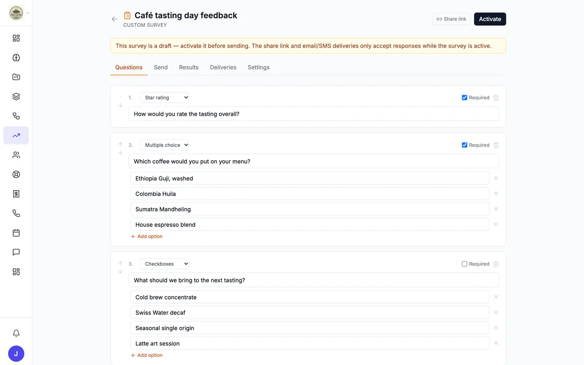 Hiveku survey builder for the custom survey "Café tasting day feedback": a required star rating, a required multiple-choice question with four coffees and a checkboxes question with four options, with tabs for questions, send, results, deliveries and settings.