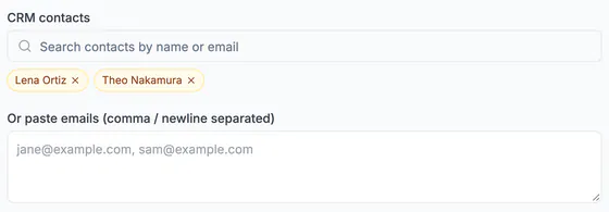 The CRM contacts search with Lena Ortiz and Theo Nakamura picked, and the paste box with its grey hint jane@example.com, sam@example.com.