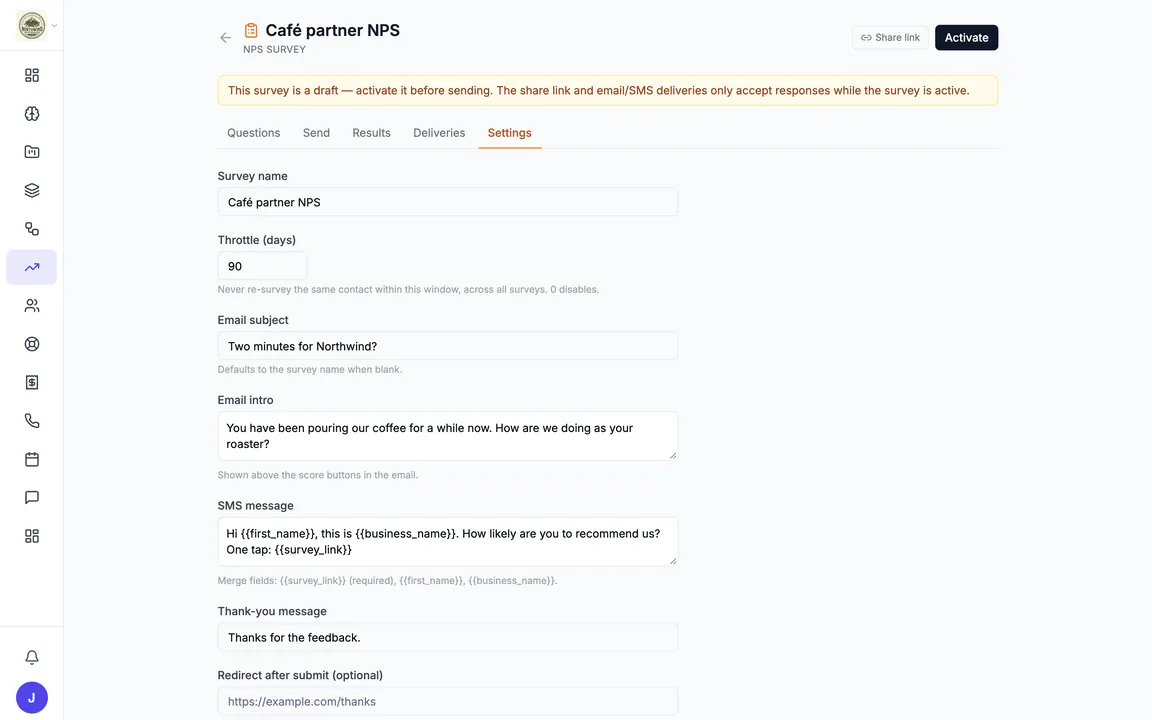 The Settings tab of the draft NPS survey "Café partner NPS": the survey name, a 90-day throttle, the email subject "Two minutes for Northwind?", the email intro, an SMS message with first name, business name and survey link merge fields, the thank-you message and an optional redirect address.