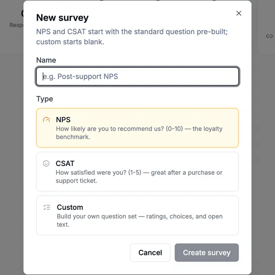 The New survey dialog: name, and a choice of NPS (how likely are you to recommend us, 0 to 10), CSAT (how satisfied were you, 1 to 5) or Custom.