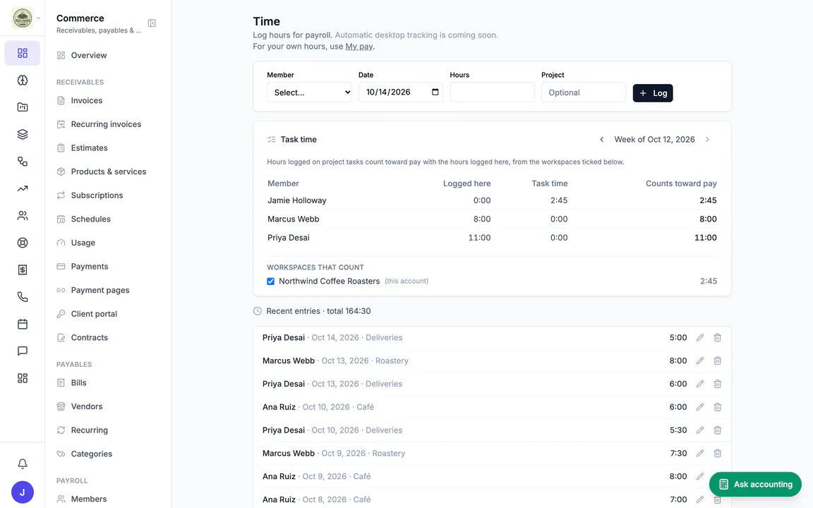 Hiveku Time page: the log-hours form, this week's task time by person, and recent entries for Northwind's roaster, barista lead and delivery driver.