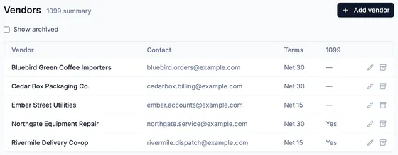 Vendors: Bluebird Green Coffee Importers, Cedar Box Packaging Co., Ember Street Utilities, Northgate Equipment Repair, Rivermile Delivery Co-op, with example.com contacts and Net 15 or Net 30 terms.