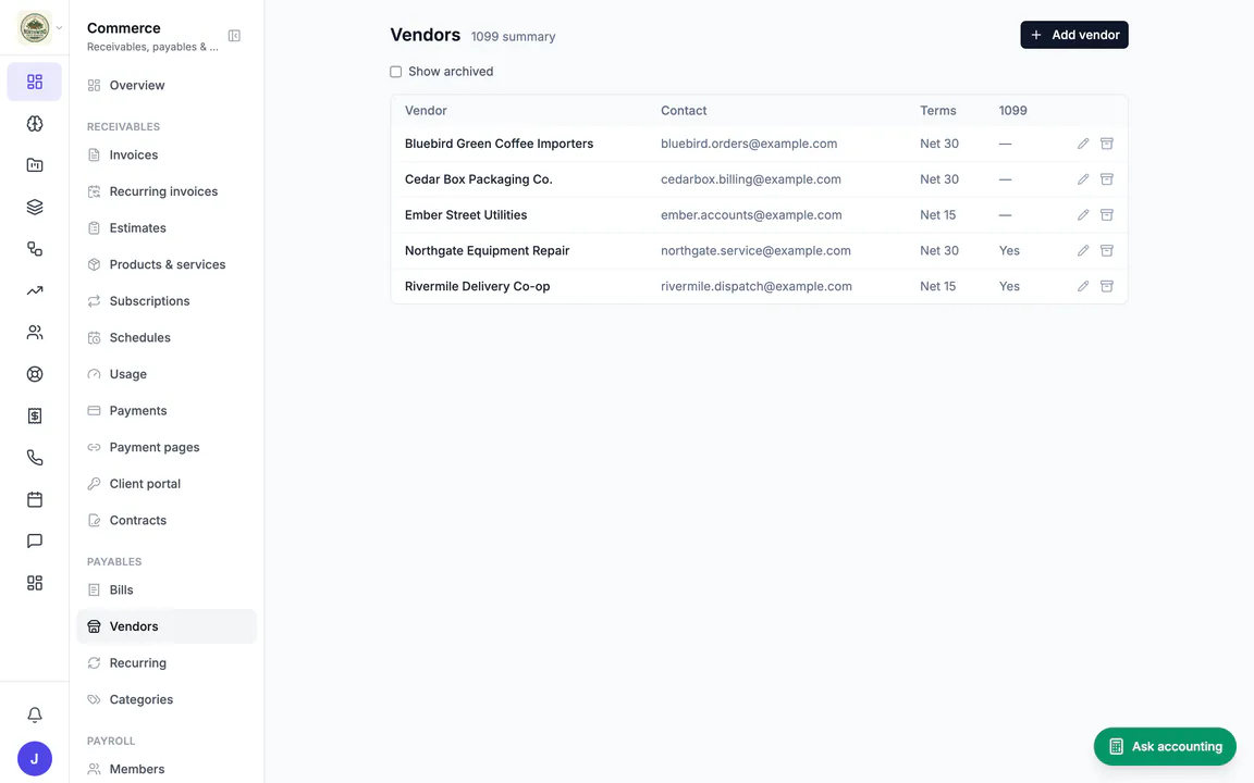 Hiveku vendors list: Northwind's green coffee, packaging, utilities, equipment repair and delivery vendors with contact, terms and 1099.