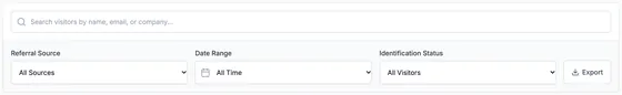 A visitor search box and filters for referral source, date range and identification status, with an Export button.
