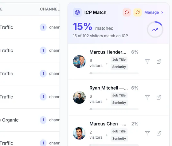 The ICP Match panel: 15% of visitors (15 of 102) match an ideal customer profile, listed with each profile's share of visitors and what it matched on, such as job title and seniority.