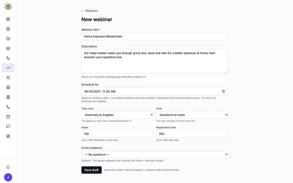 Marketing > Webinars > New webinar in Northwind, filled in: 'Home Espresso Masterclass', a description, June 10, 2027 at 11:00 AM in America/Los Angeles, chat set to Questions to hosts, 100 seats, a limit of 300 sign-ups, no audience yet, and Save draft.