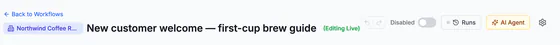 Editor toolbar: Back to Workflows, the workflow's name, Editing Live, the Disabled switch, Runs and AI Agent.