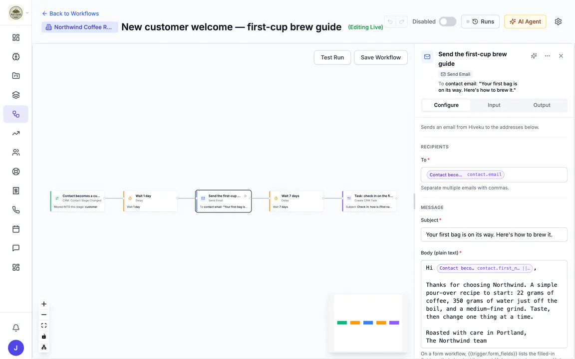 Hiveku workflow editor: 'New customer welcome' with its trigger, waits, email and CRM task on the canvas, and the email step's settings open.