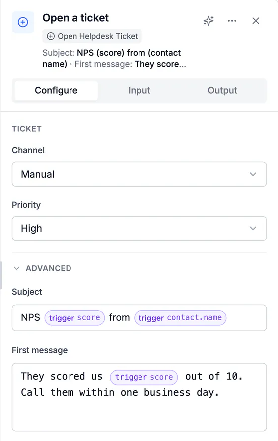 Open Helpdesk Ticket settings: channel Manual, priority High, subject NPS [score] from [contact name], first message: They scored us [score] out of 10. Call them within one business day.