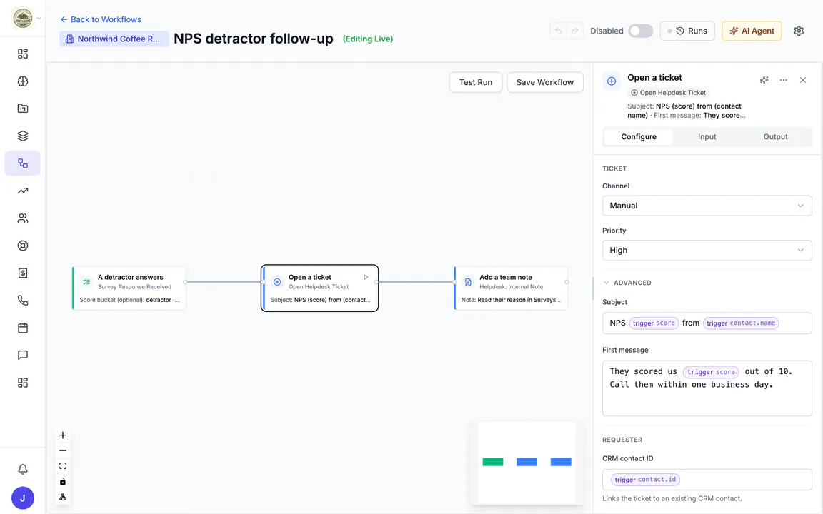 Hiveku workflow editor: "NPS detractor follow-up", switched off, with A detractor answers (Survey Response Received), Open a ticket (Open Helpdesk Ticket) and Add a team note, and the ticket step's settings open: channel Manual, priority High, the subject NPS score from contact name and a first message with the score.