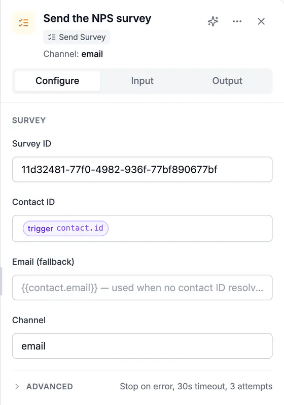 Send Survey step settings: the survey ID, the contact ID taken from the trigger (trigger contact.id), an optional fallback email and channel email.