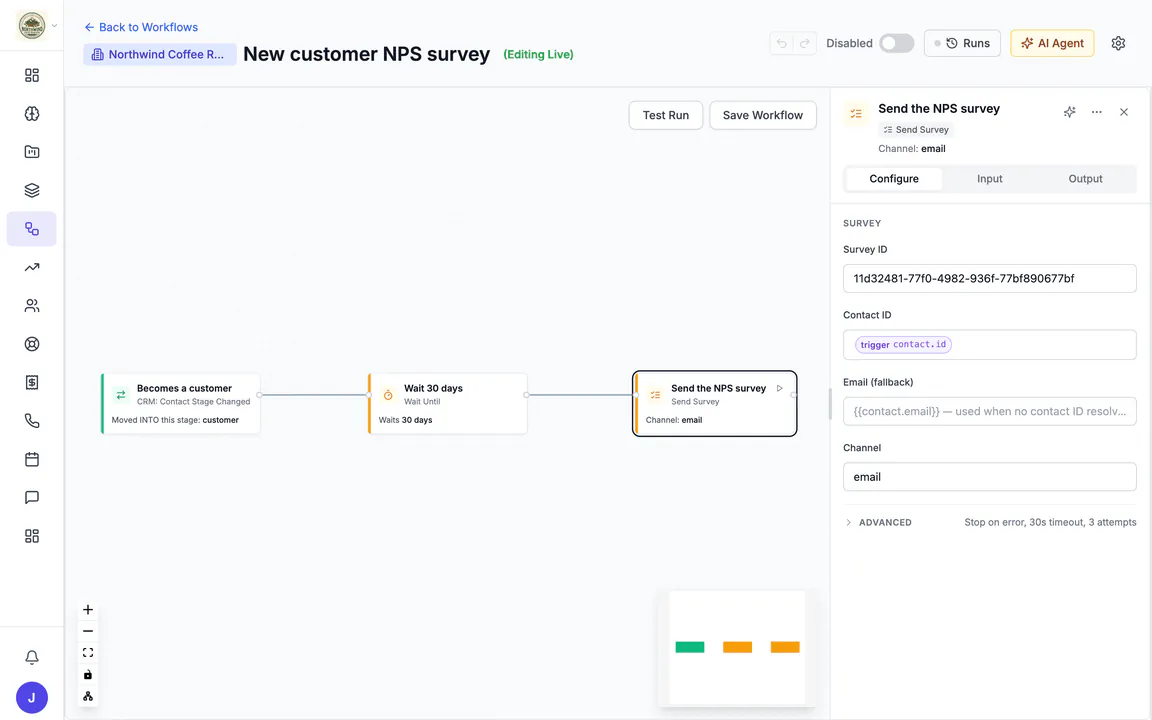 Hiveku workflow editor: "New customer NPS survey", switched off, with three steps (Becomes a customer, Wait 30 days, Send the NPS survey) and the Send Survey settings open: the survey, the contact taken from the trigger and the email channel.