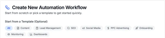 Create New Automation Workflow: start from scratch or pick a template, with the categories Content, Lead Management, SEO, Social Media, PPC Advertising, Onboarding, Monitoring and Dashboards.