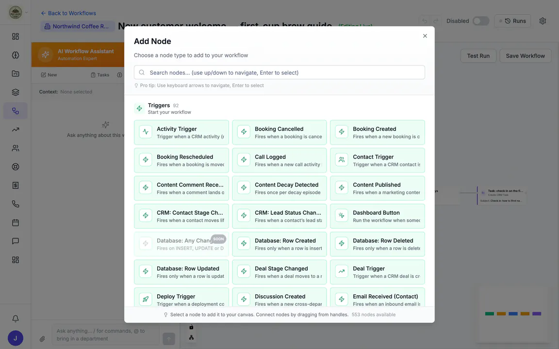 Hiveku workflow step library open at Triggers (92): activity, booking cancelled, booking created, booking rescheduled, call logged, contact, content and CRM triggers.