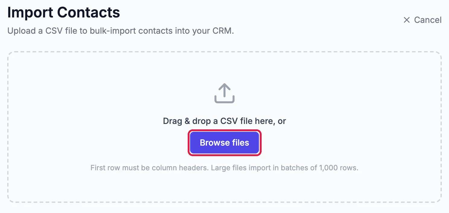 The Import Contacts panel from the How-To on importing contacts, with the Browse files button outlined in red.