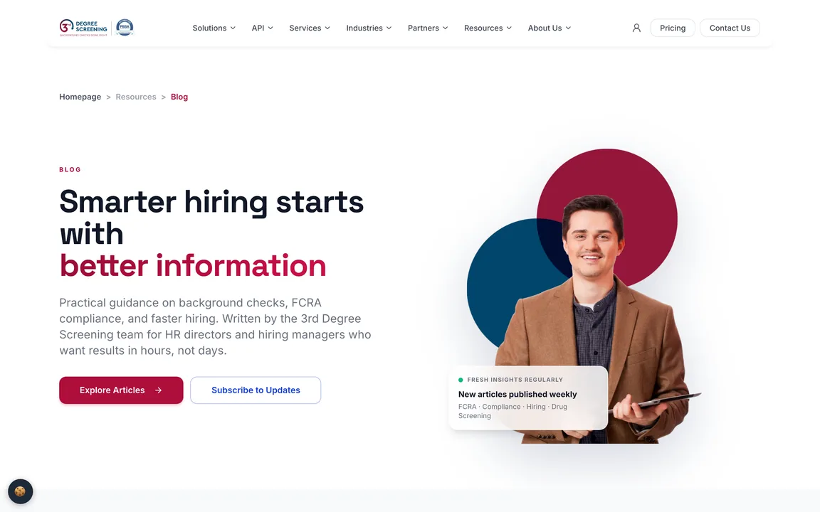 Blog page headed Smarter hiring starts with better information, with article search and category filters.