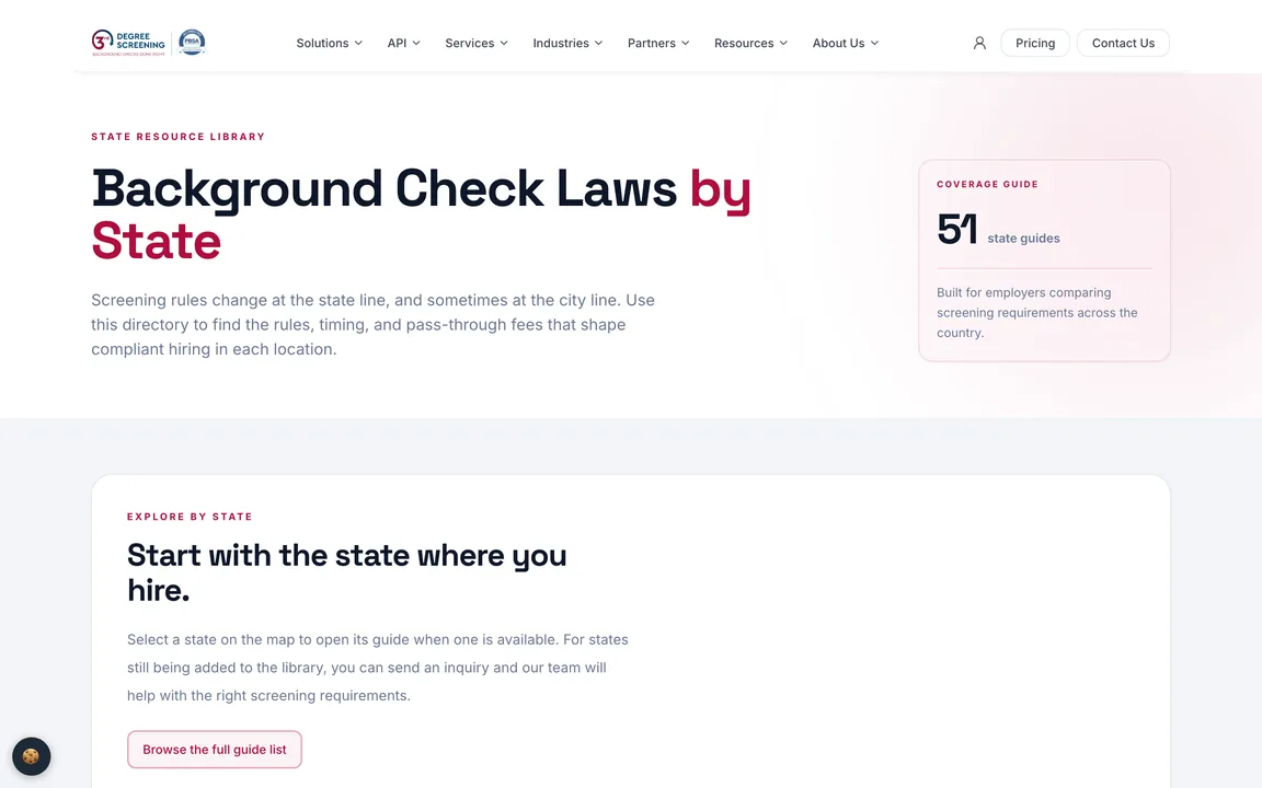 Page titled Background Check Laws by State with a coverage card showing 51 state guides.