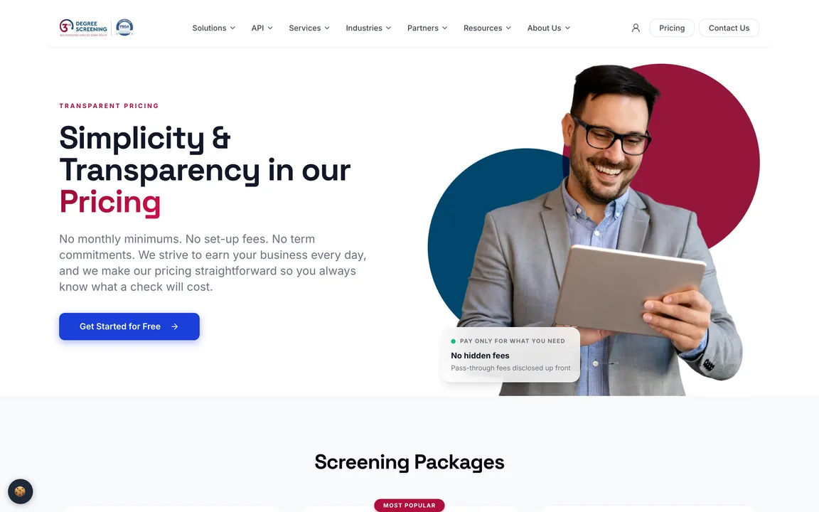 Pricing page header reading Simplicity and Transparency in our Pricing, with a Get Started for Free button.