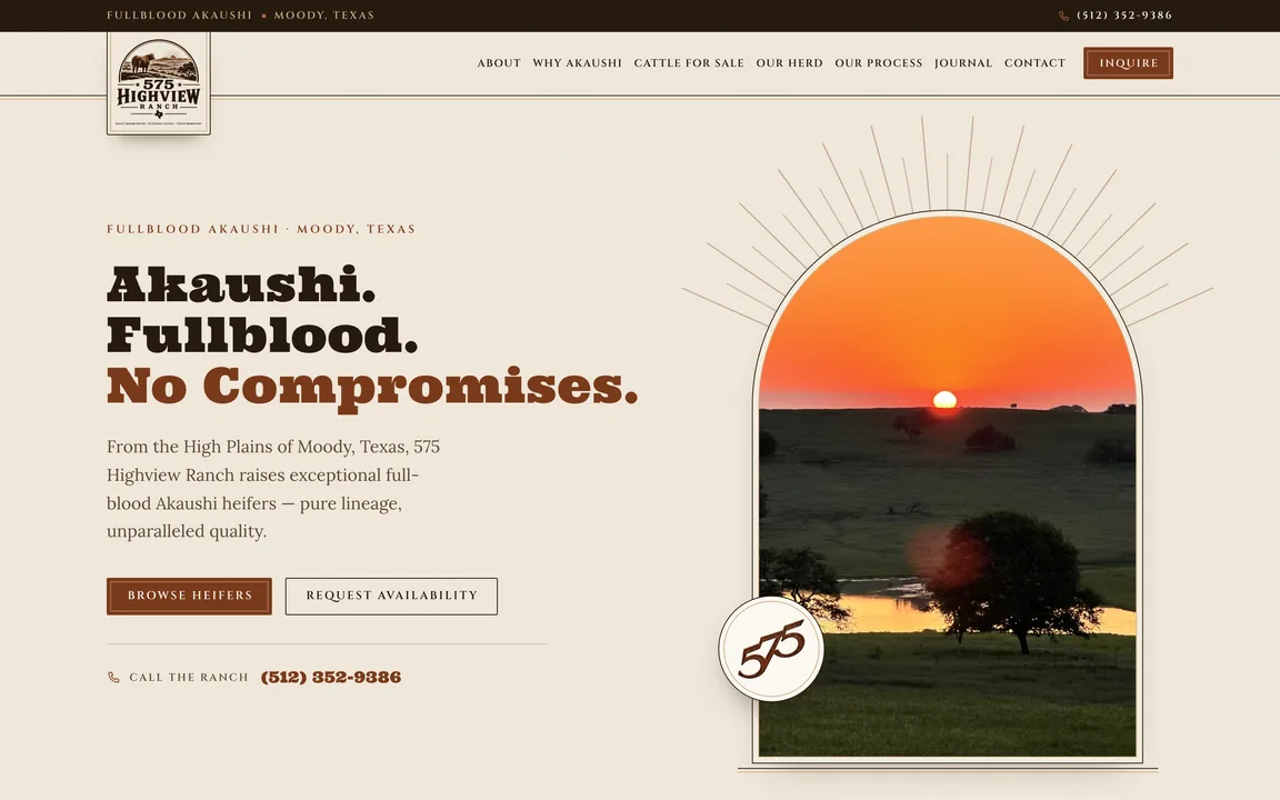 Homepage hero reading Akaushi. Fullblood. No Compromises., beside an arched photo of a Texas sunset over pasture, with Browse Heifers and Request Availability buttons.
