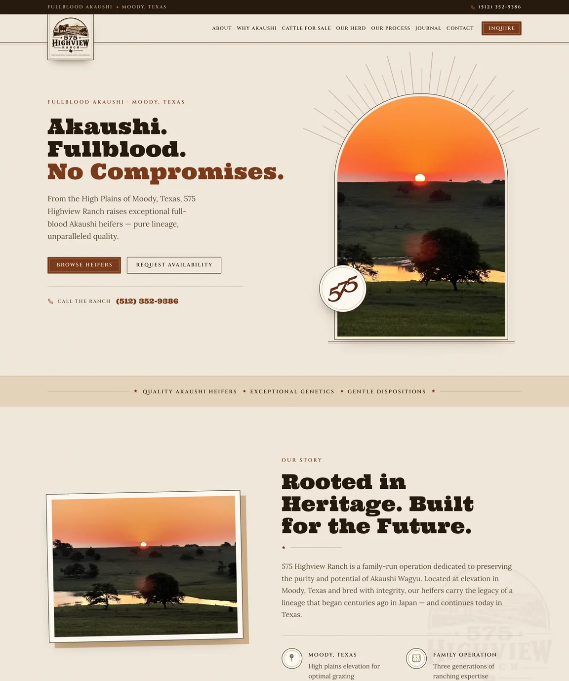 Long view of the homepage with an Our Story section, a dark Why Choose Akaushi band, two cattle cards with prices and a four-step process.