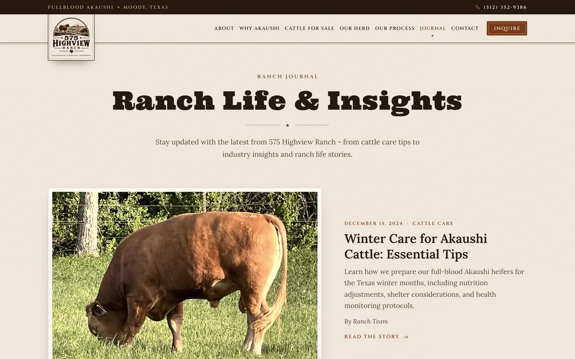 Page headed Ranch Life and Insights, with the newest journal post about winter care for Akaushi cattle.
