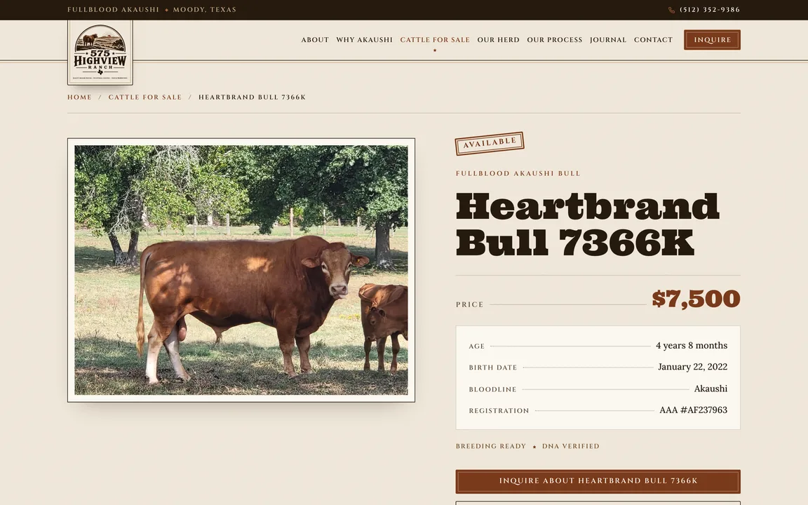 Detail page for Heartbrand Bull 7366K with a photo of the bull, an Available stamp, a $7,500 price, its age, birth date, bloodline and registration, and an inquiry button.