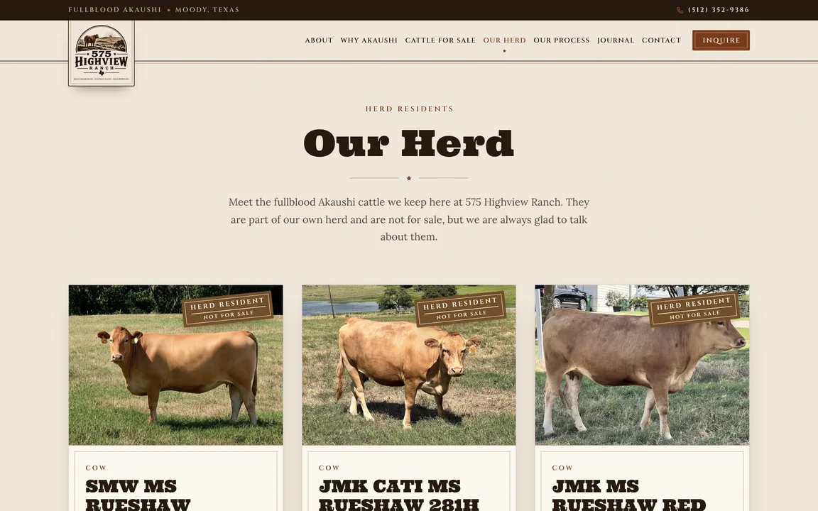 Page headed Our Herd with three photos of cows, each tagged Herd Resident, Not For Sale.