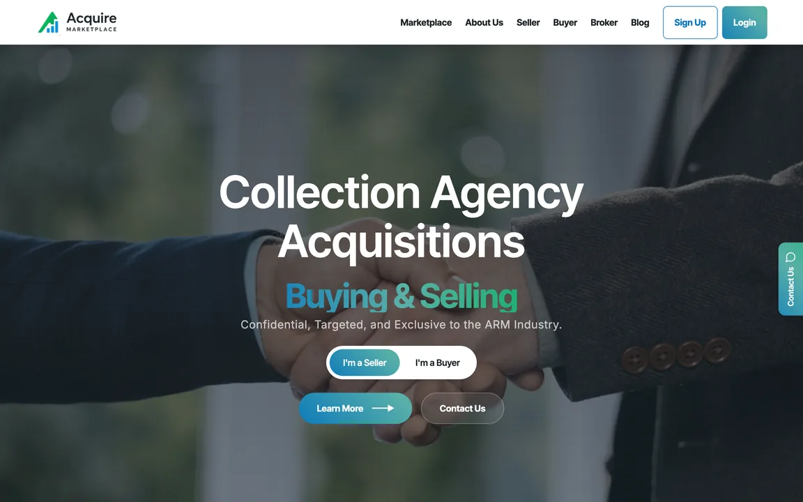 Acquire Marketplace homepage with the headline 'Collection Agency Acquisitions' over a handshake, and 'I'm a Seller' and 'I'm a Buyer' buttons.
