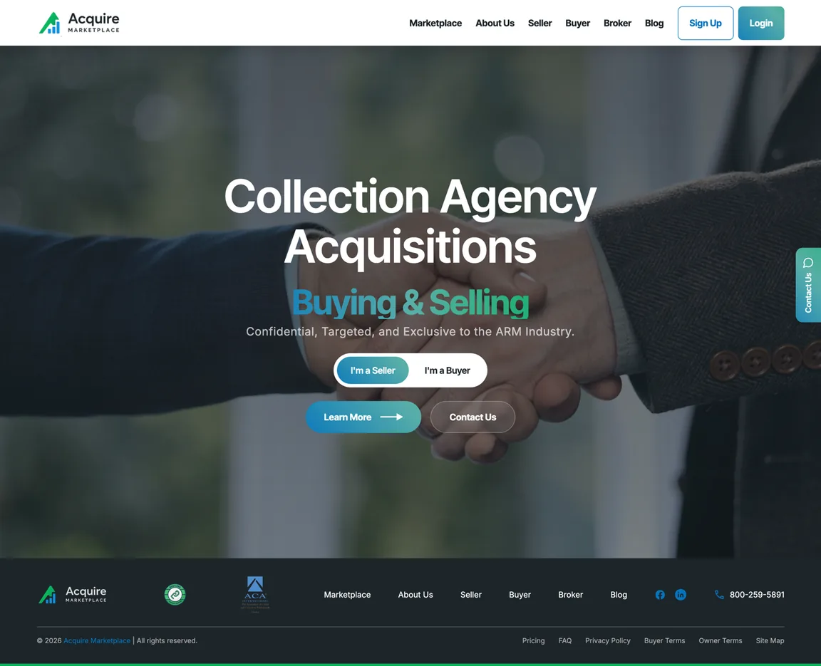 The whole Acquire Marketplace homepage, from the header and video hero to the footer links.