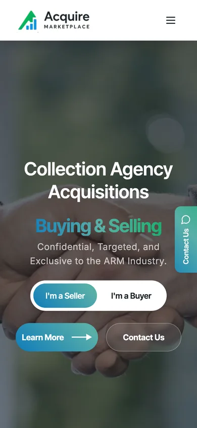 Acquire Marketplace homepage on a 390-pixel-wide phone screen, with a menu button and the seller and buyer choices.