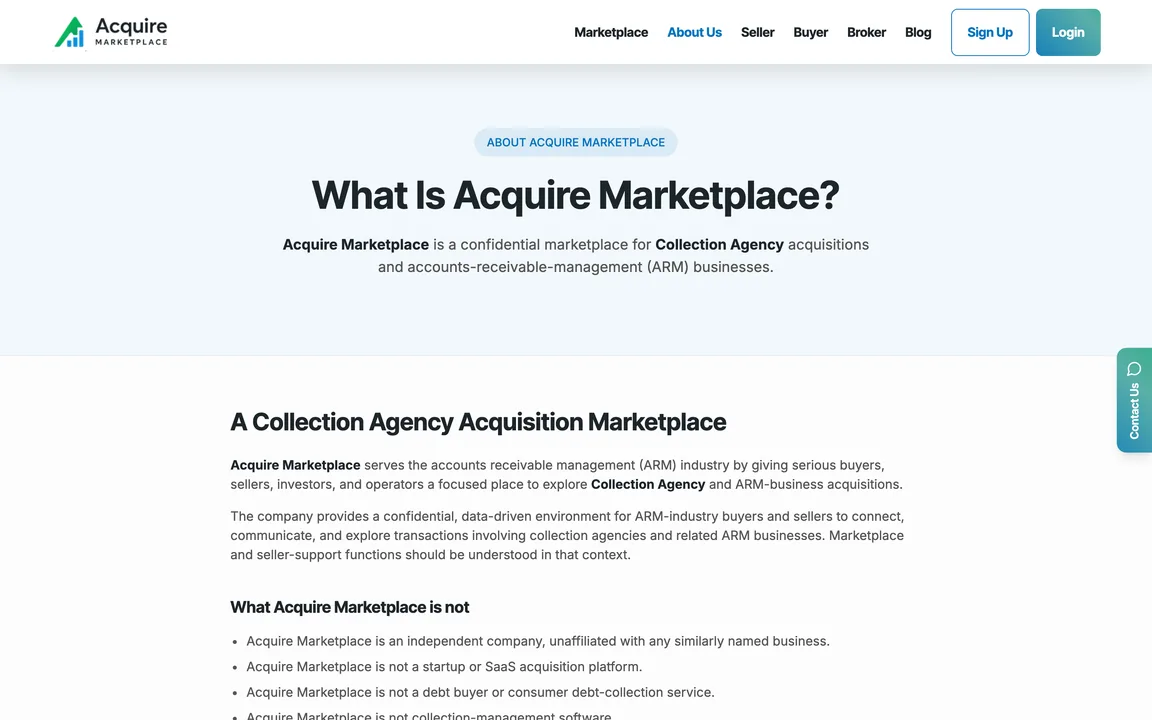 About page headed 'What Is Acquire Marketplace?' describing a confidential marketplace for collection agency acquisitions.